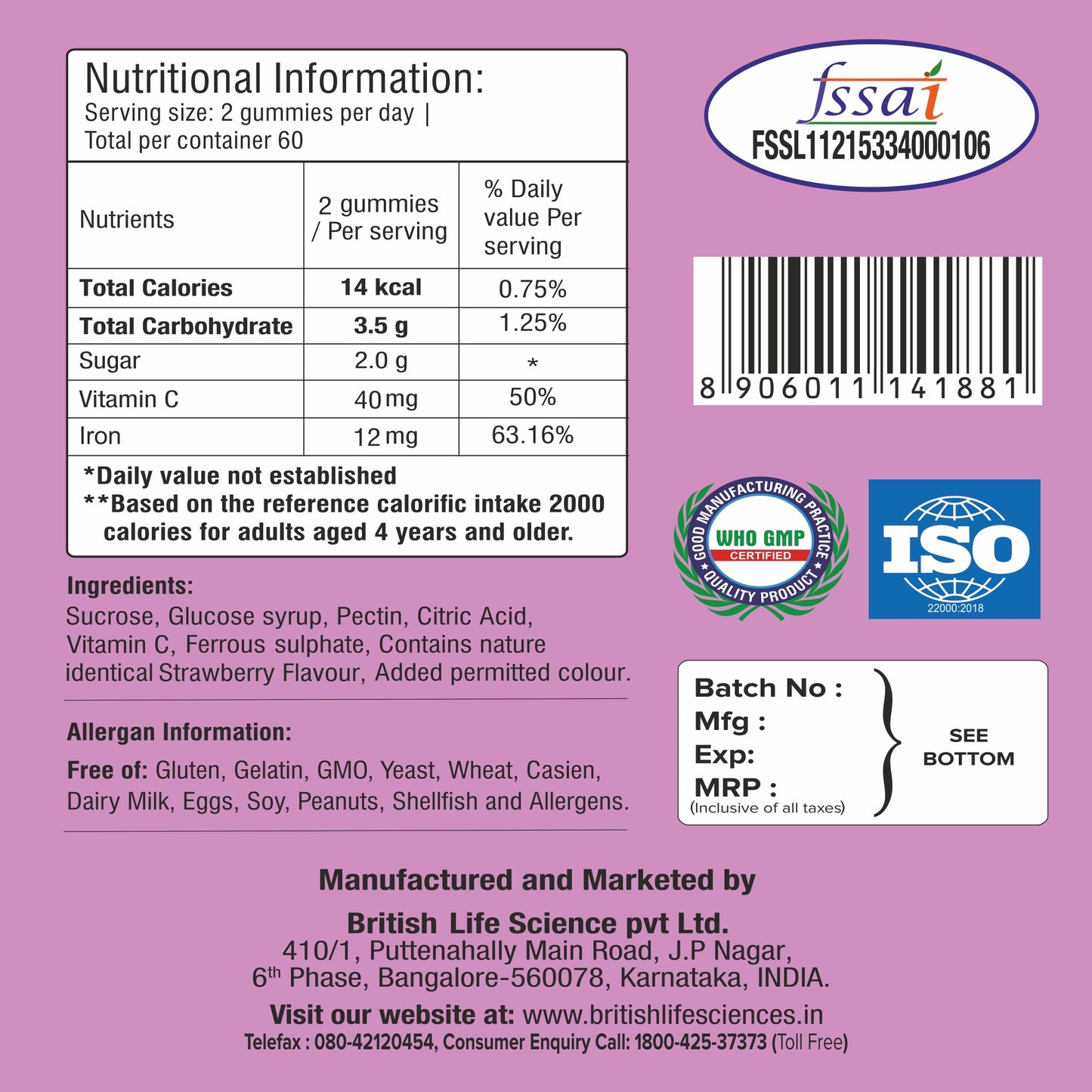 Happi Kidz Nutrition For A Healthy Beginning Happi Kidz Iron + Vitamin C Gummies For Kids-(60 Gummy Bears) -Supports Immune System Function, Blackcurrent Flavor