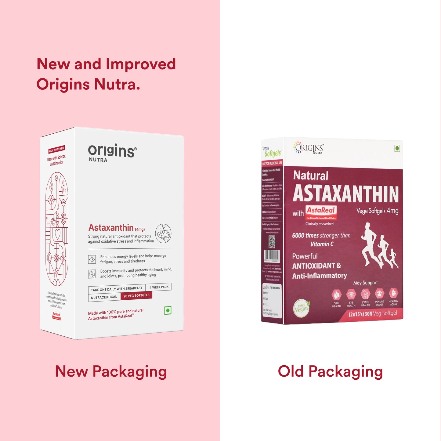 Origins Nutra Astaxanthin | Super Antioxidant, UV Protection, Heart, Skin & Eye Health, Joint Support | AstaReal® | GMP Certified| Non-GMO | For Men & Women| 28 Veg Softgel | Pack of 2