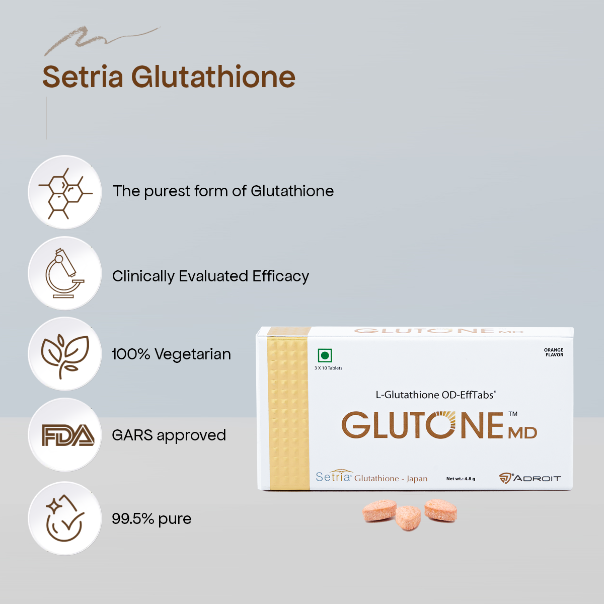 Glutone MD – Glutathione Mouth-Dissolving Tablets| Made with Setria L-Glutathione (Japan) 100mg| Radiant Glow & Even Skin Tone| Pack of 30 Tablets (Orange)