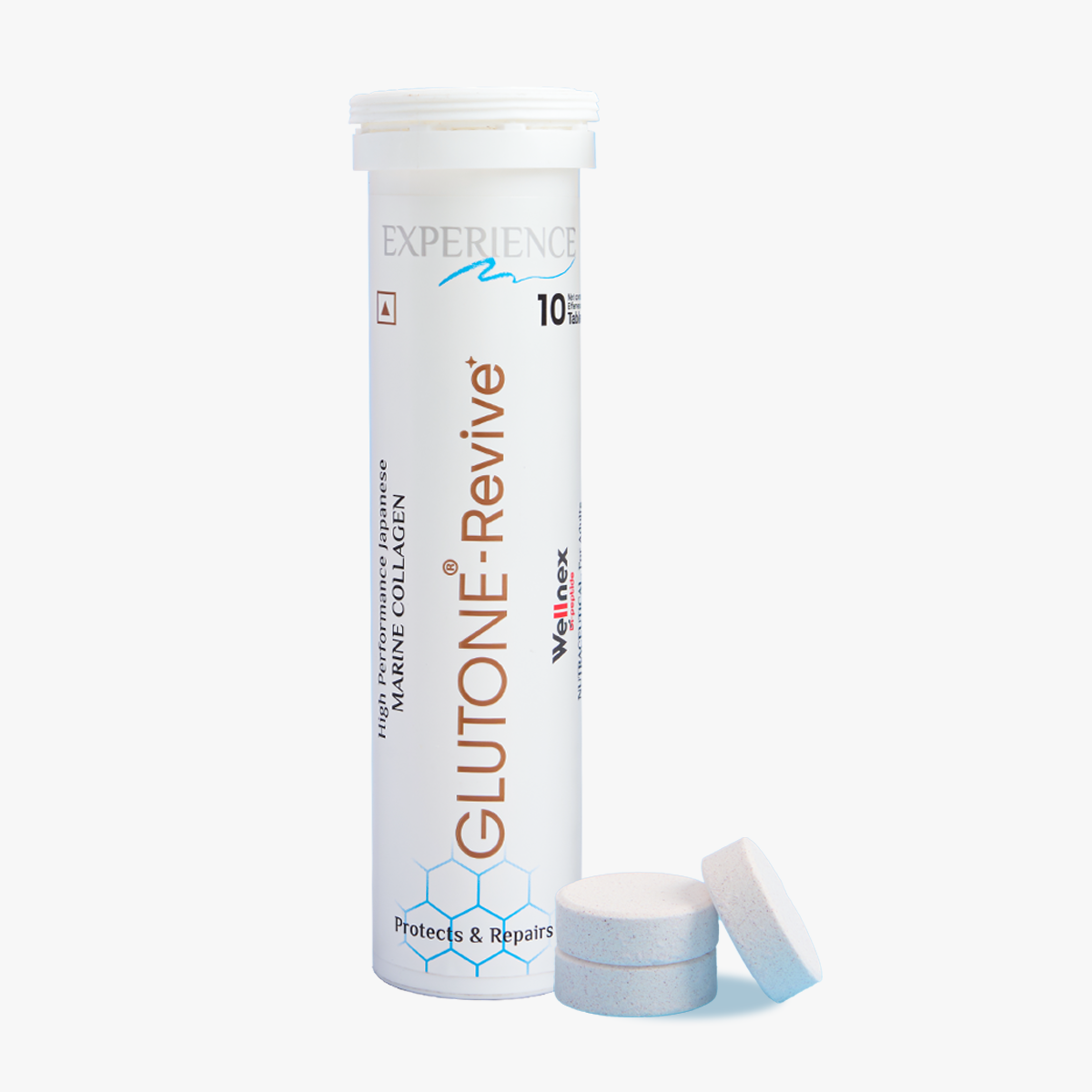 Glutone-Revive Effervescent Collagen Tablets – 2500 mg Wellnex Di-Peptide Marine Collagen|Supports Skin Hydration, Elasticity, Smooth Texture | For Men & Women | 20 Blueberry Flavour Tablets