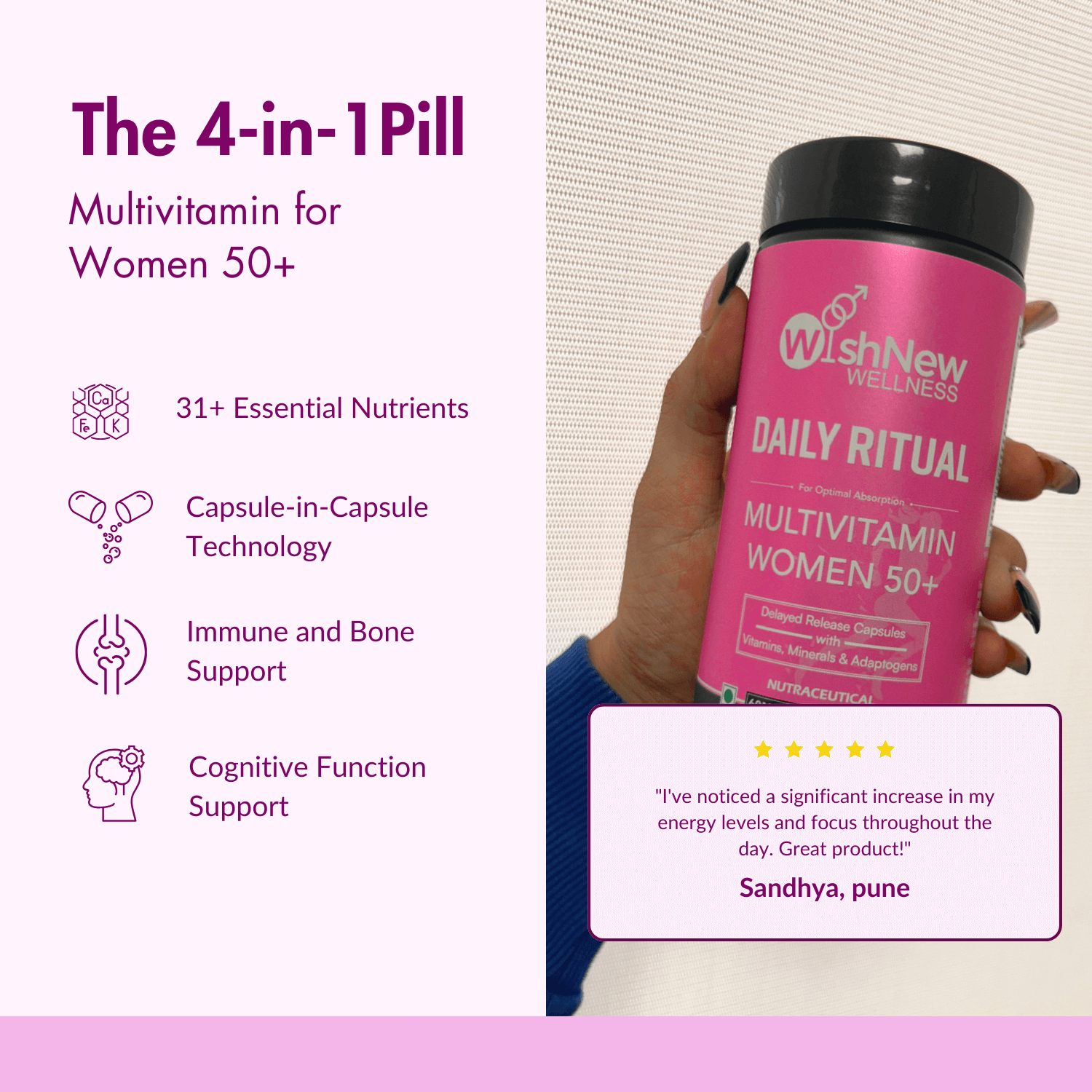 WishNew Wellness Daily Ritual Women's 50+ Multivitamin | Comprehensive Nutrient Blend for Menopause, Skin & Joint Health | 60 Delayed Release Oil Capsules for Optimal Absorption & Wellbeing