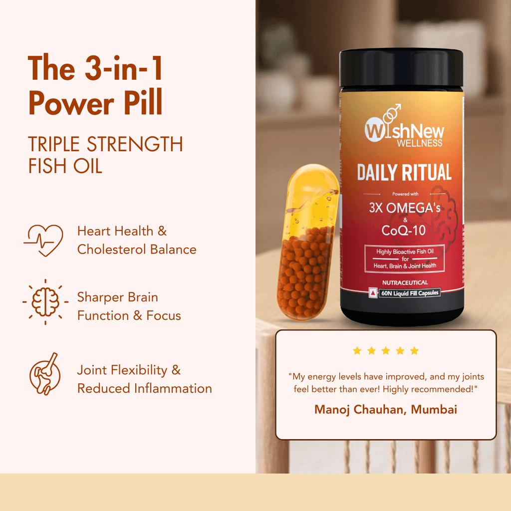 WishNew Wellness DAILY RITUAL with Triple Strength Fish Oil & CoQ-10 | Enhanced Heart & Brain Health | 60 Liquid Capsules with CoQ10 Pellets | High Potency Omega-3, EPA, DHA for Wellbeing Pack of 2