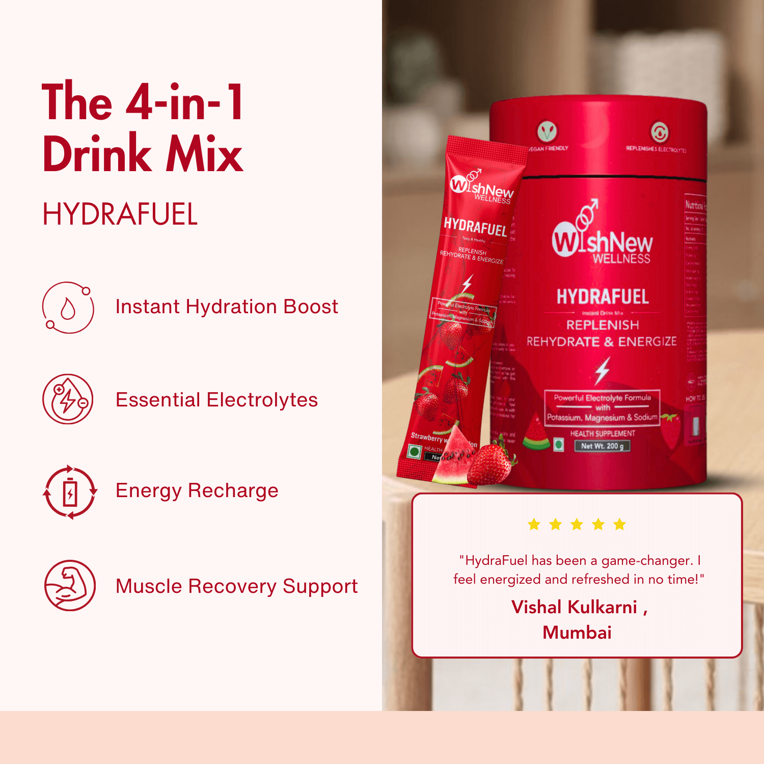 WishNew Wellness HydraFuel: Prime Electrolyte Energy Workout Drink Mix | Get Daily Hydration & Instant Energy Boost | Strawberry-Watermelon with natural Sweetness| 20 Sachets | Suitable for Men & Women