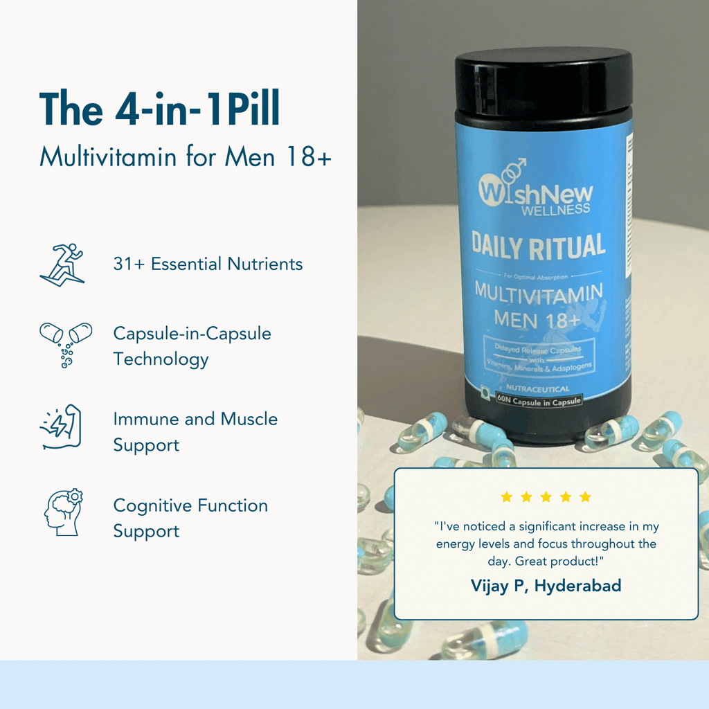 WishNew Wellness Daily Ritual Men's Multivitamin 18+ | Comprehensive 36-Nutrient Blend for Peak Energy & Metabolism | Boosts Stamina, Immune Health | 60 Non-GMO Delayed Release Capsules for Your Wellbeing