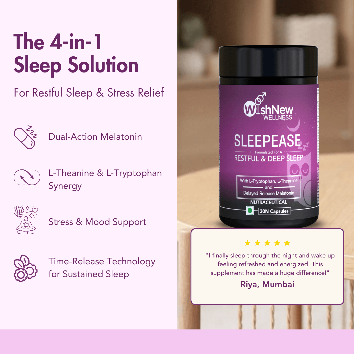WishNew Wellness SLEEPEASE | 30 Veg Capsules | Advanced Sleep Formula | L-Theanine, Melatonin, Valerian, Ashwagandha | Deep Restful Sleep | Non-Habit Forming | 100% Vegetarian | Enhanced Relaxation