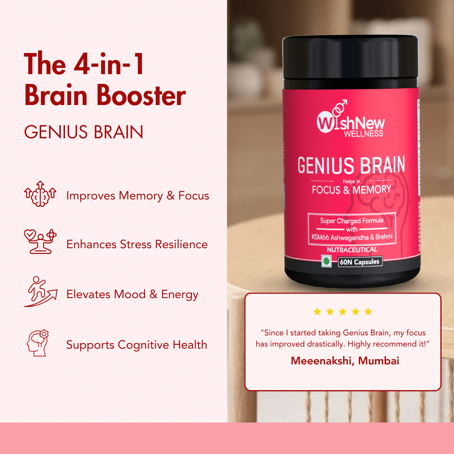 WishNew Wellness GENIUS BRAIN | Advanced Nootropic Formula for Focus & Memory | 60 Vegetarian Capsules with Natural Brain Boosters | Mucana, Brahmi, Ginkgo Biloba & More