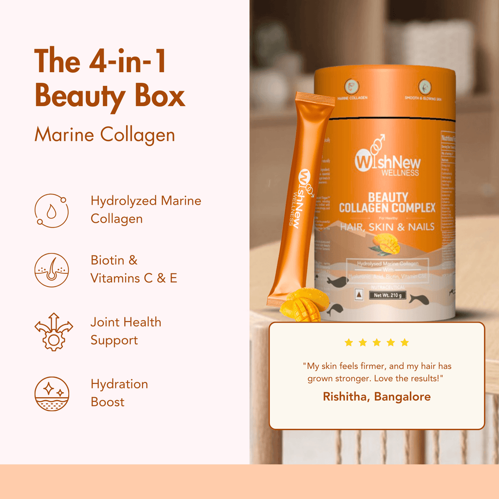 WishNew Wellness BEAUTY COLLAGEN COMPLEX | Radiant Hair, Skin & Nails | 21 Sachets with Collagen, Hyaluronic Acid, Biotin, Vitamins E & C, Rosehip & Curcumin Extracts | Enhanced Absorption Formula