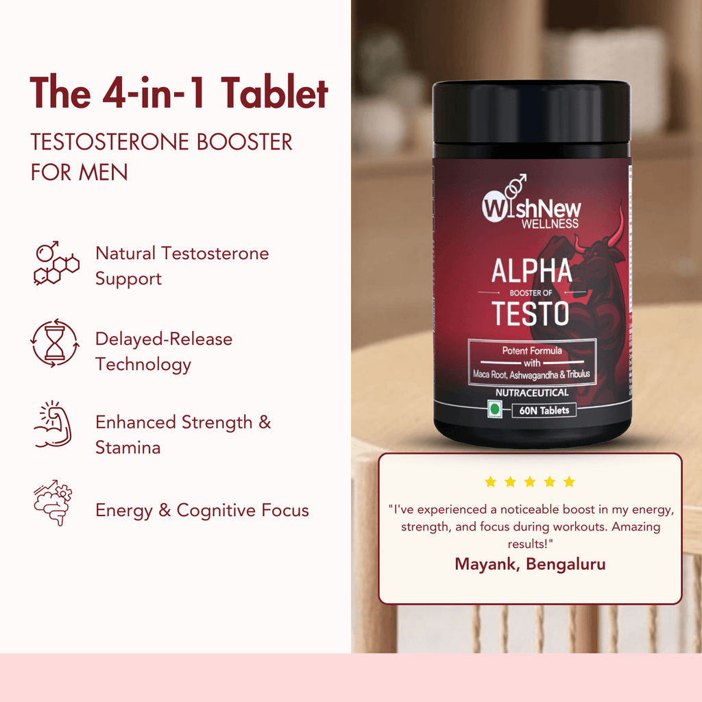 WishNew Wellness ALPHA BOOSTER OF TESTO | 60 Veg Tablets | Enhanced Testosterone Support | Maca, Tribulus, Ginseng | Muscle Growth, Energy, Stamina | Zinc, Vitamin D2 | Men's Health & Vitality