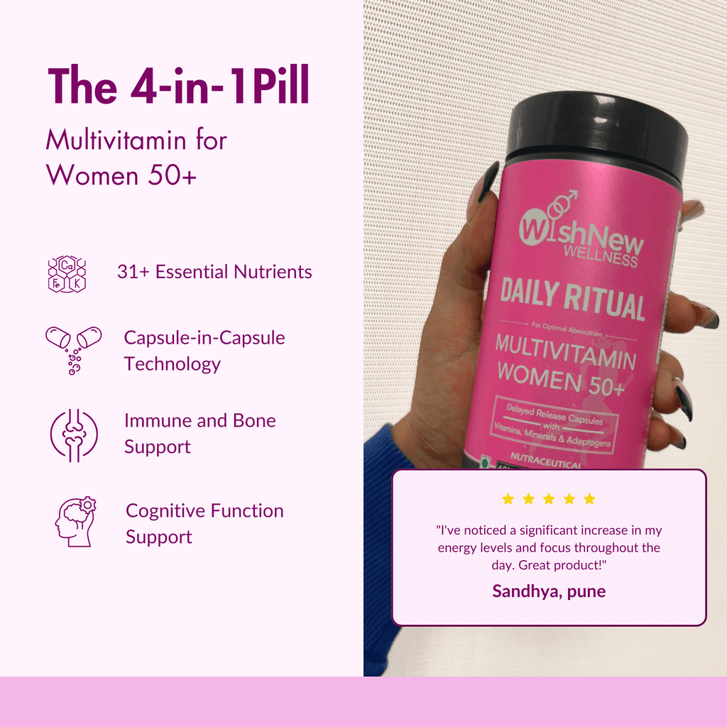 WishNew Wellness Daily Ritual Women's 50+ Multivitamin | Comprehensive Nutrient Blend for Menopause, Skin & Joint Health | 60 Delayed Release Oil Capsules for Optimal Absorption & Wellbeing Pack of 2