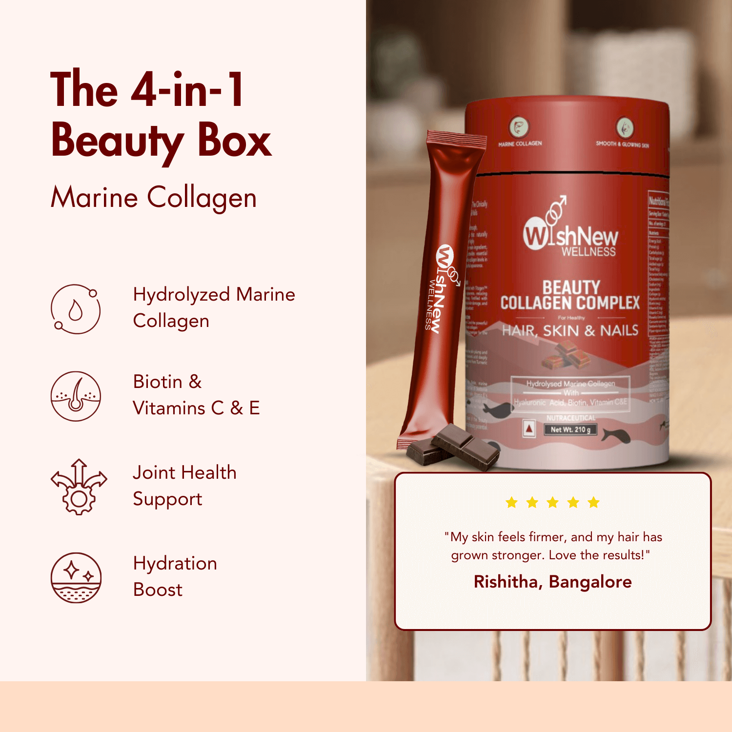 WishNew Wellness BEAUTY COLLAGEN COMPLEX | Enhanced Hair, Skin, Nails Health | 21 Servings of Nutrient-Rich Sachets | Hyaluronic Acid, Biotin, Vitamins C & E | Natural Chocolate Flavor