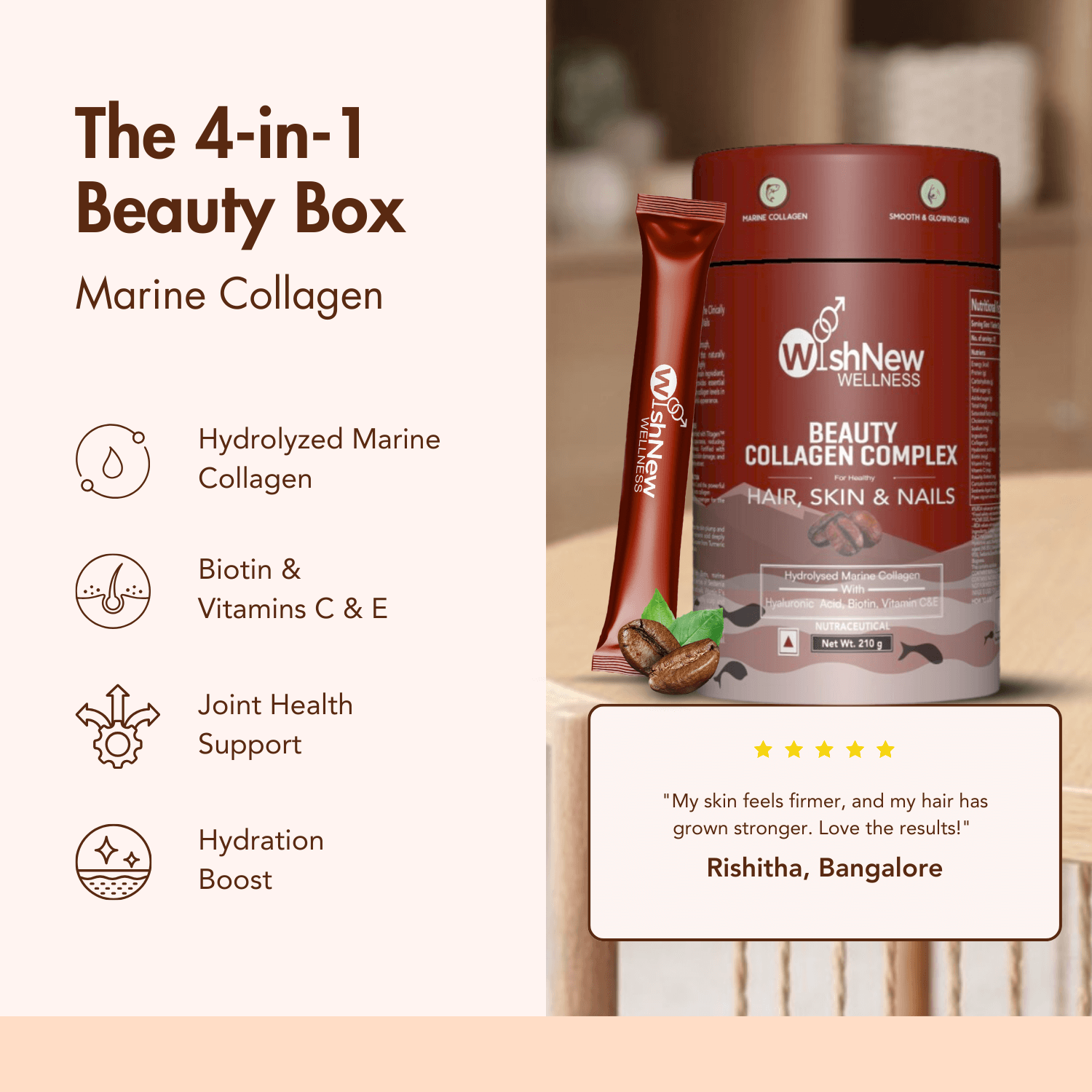WishNew Wellness BEAUTY COLLAGEN COMPLEX | Radiant Skin, Lustrous Hair & Strong Nails | 21 Sachets with Collagen, Hyaluronic Acid, Biotin | Coffee Flavor | Natural Ingredients for Beauty Boost Pack of 2