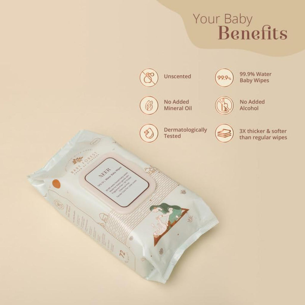 Baby Forest Neer 99.9% Water Baby Wipes- Pack of 4 | Ideal for 0 Plus Months | No Added Fragrance | Cruelty-Free | Plant-Based Formulations | Pack of 4 Wipes | Dermatologically Tested