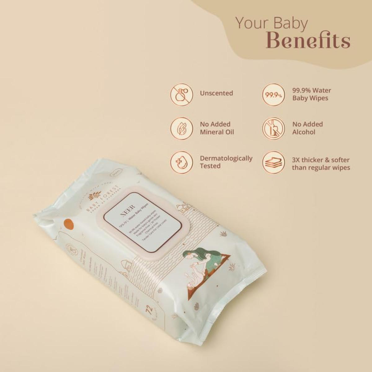 Baby Forest Neer 99.9% Water Baby Wipes- Pack of 4 | Ideal for 0 Plus Months | No Added Fragrance | Cruelty-Free | Plant-Based Formulations | Pack of 4 Wipes | Dermatologically Tested