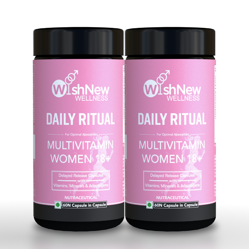 WishNew Wellness Daily Ritual Women's Multivitamin 18+ | Complete 36-Nutrient Formula for Optimal Health & Vitality | Supports PMS, UTI Care | 60 Non-GMO Delayed Release Capsules for Your Wellbeing Pack of 2