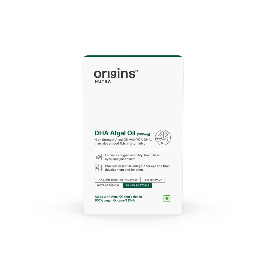 Origins Nutra DHA Algal Oil |Plant-Based High Strength 70% Omega 3 DHA, Improves Memory, Brain & Eye Health |Healthy Aging| Plant Based |GMP Certified | Non-GMO |For Men & Women | 28 Softgels | 4 Weeks Pack