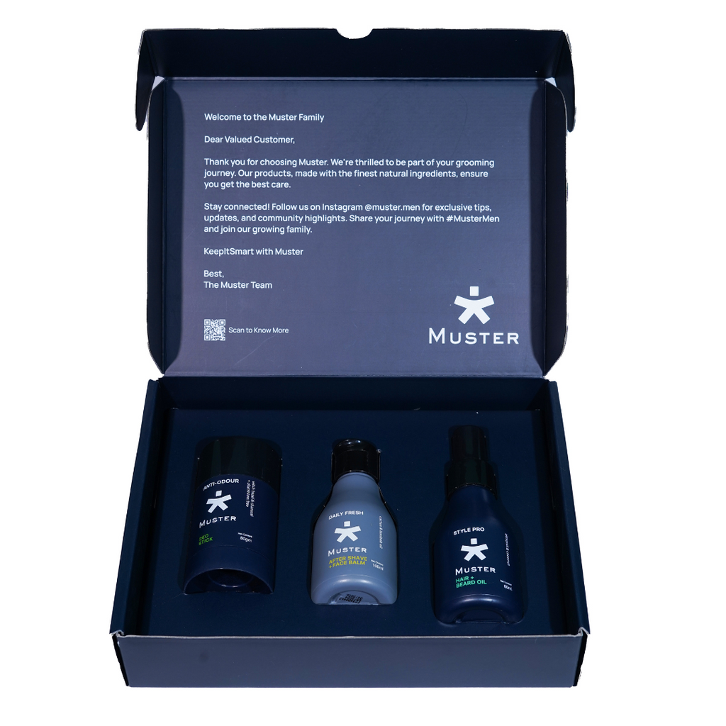 Muster Men Grooming Essentials Gift Box | After Shave Face Balm (100 ml) | Anti-Odour Deo Stick (80 g) | Style Pro Hair & Beard Oil Spray (80 ml) | Premium Grooming Kit for Men | Gift Set for Him