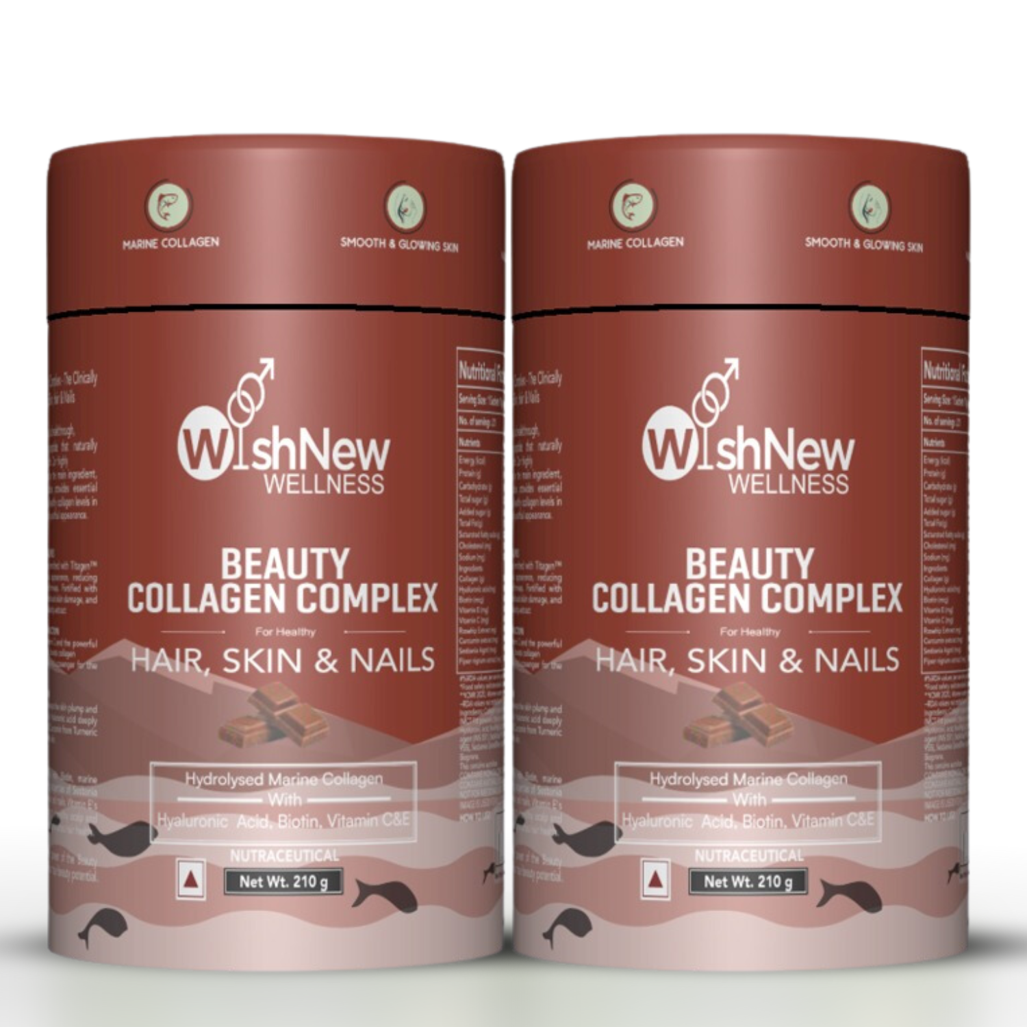 WishNew Wellness BEAUTY COLLAGEN COMPLEX | Enhanced Hair, Skin, Nails Health | 21 Servings of Nutrient-Rich Sachets | Hyaluronic Acid, Biotin, Vitamins C & E | Natural Chocolate Flavor Pack of 2