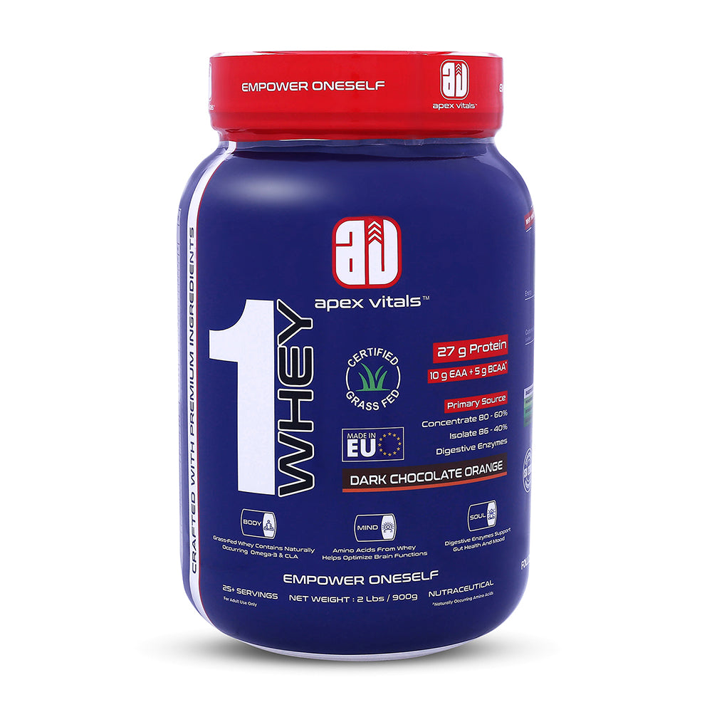 Apex Vitals 1 Whey - Grass-Fed Whey | 27g Protein, 10g EAA, 5g BCAA | Concentrate 80-60%, Isolate 86-40%, Digestive Enzymes | FDA, EFSA & FSSAI Certified|Dark Chocolate Orange- 2lbs, Shakers, Samples