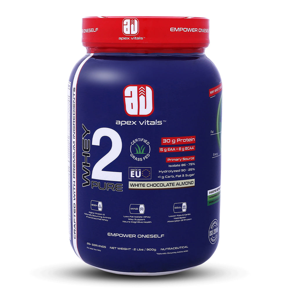 Apex Vitals Whey 2 Pure| Grass-fed Whey made in EU| Whey Isolate & Hydrolyzed| 30g protein,15g EAA+8g BCAA| Digestive Enzymes| Muscle Build & Recovery|900gm(2lbs) -25+ Ser| White Chocolate Almond