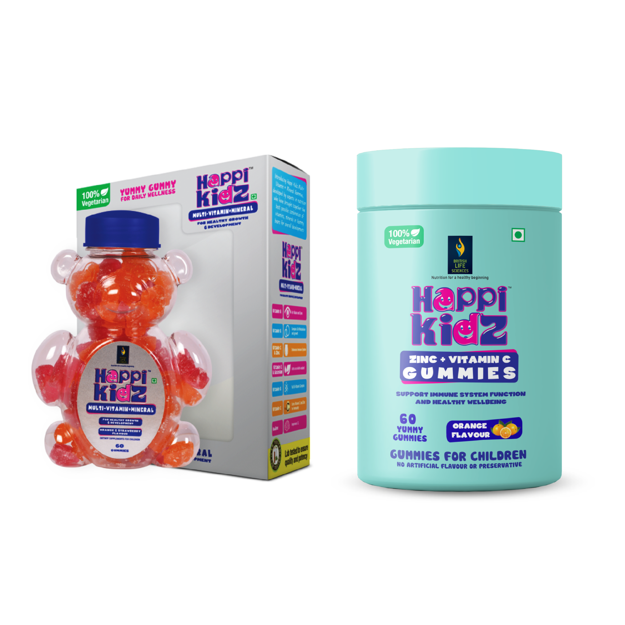 British Life Sciences Happi Kidz Multivitamin Gummies + Minerals & Happi Kidz Zinc+Vitamin C Gummies Combo | Natural, Strong Bones, Muscles and Teeth, Boosts Immunity