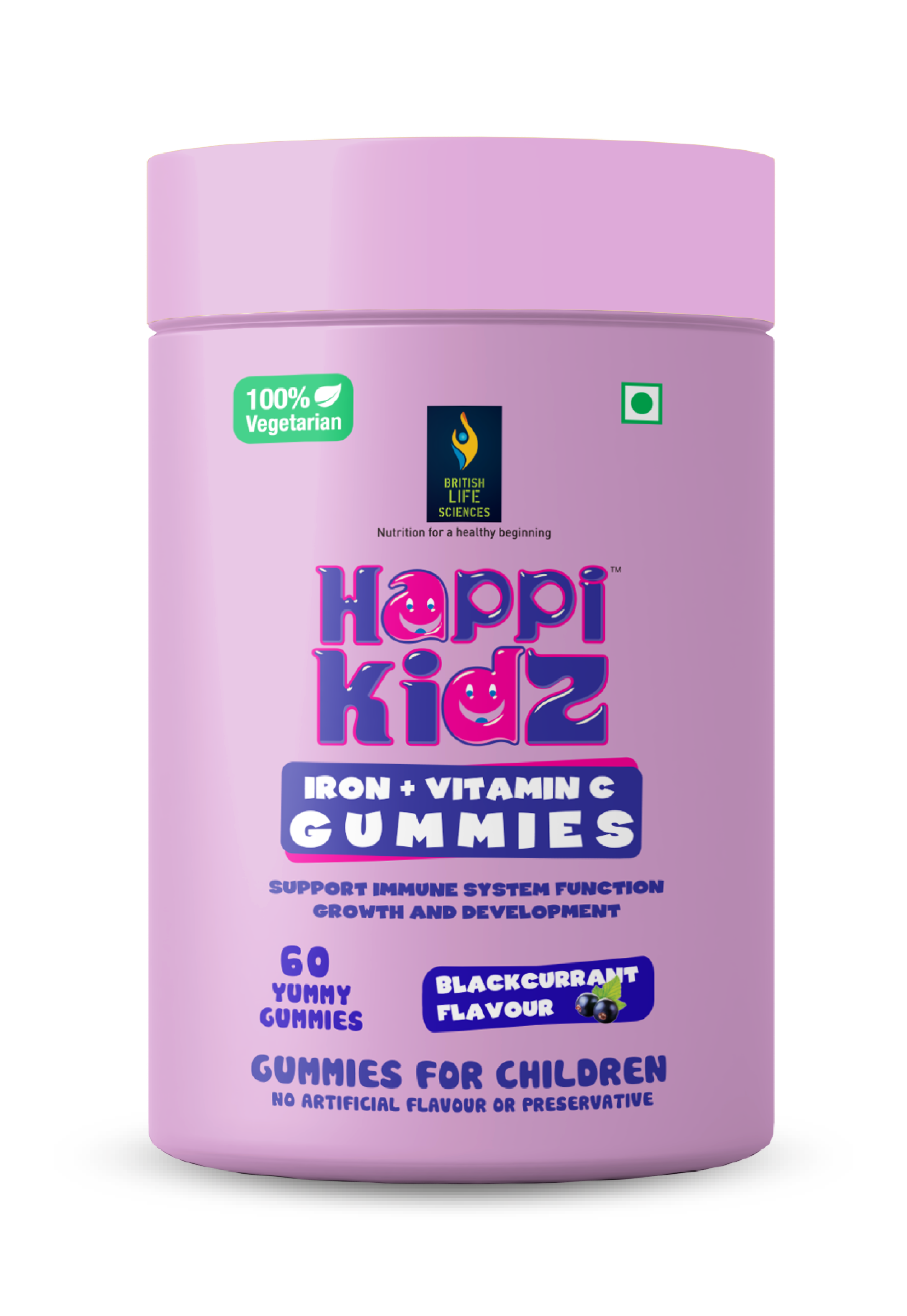 Happi Kidz Nutrition For A Healthy Beginning Happi Kidz Iron + Vitamin C Gummies For Kids-(60 Gummy Bears) -Supports Immune System Function, Blackcurrent Flavor
