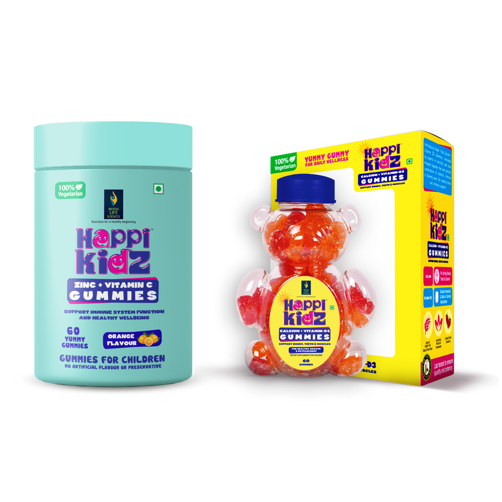 British Life Sciences Happi Kidz Calcium+Vitamin D3 Gummies & Happi Kidz Zinc+Vitamin C Gummies Combo | Natural, Strong Bones, Muscles and Teeth, Boosts Immunity