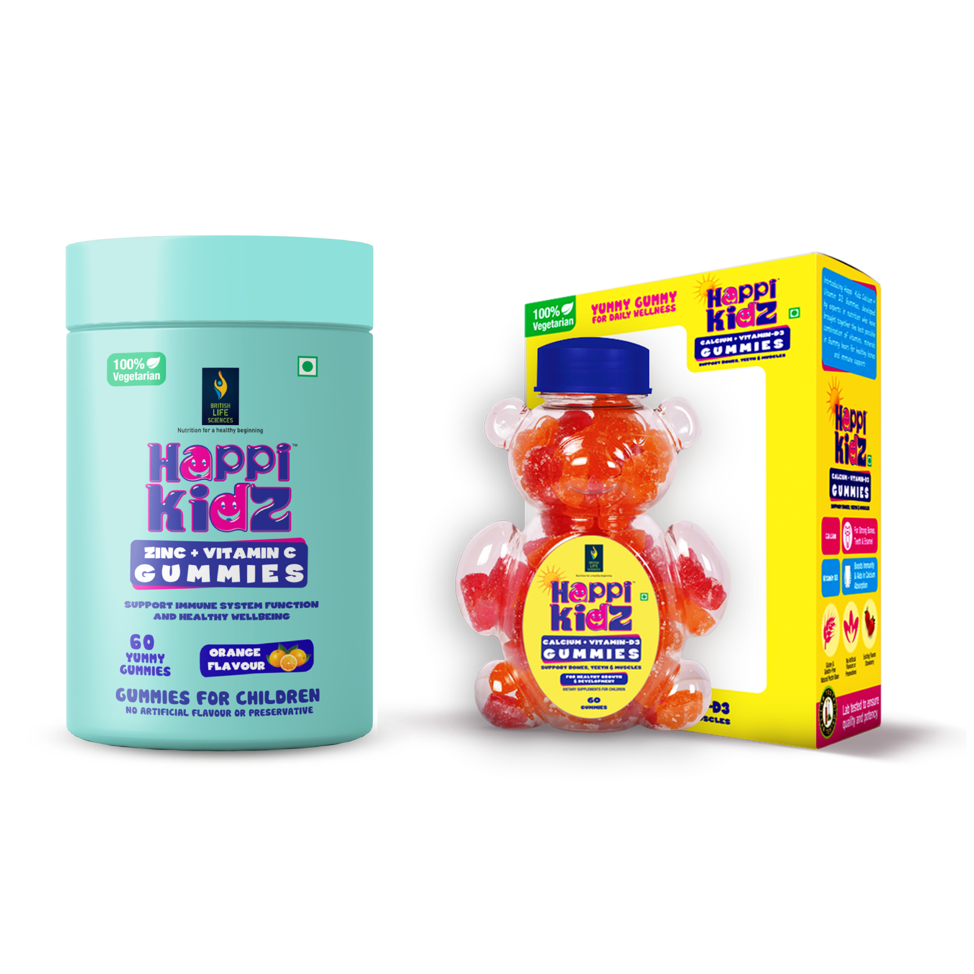 British Life Sciences Happi Kidz Calcium+Vitamin D3 Gummies & Happi Kidz Zinc+Vitamin C Gummies Combo | Natural, Strong Bones, Muscles and Teeth, Boosts Immunity
