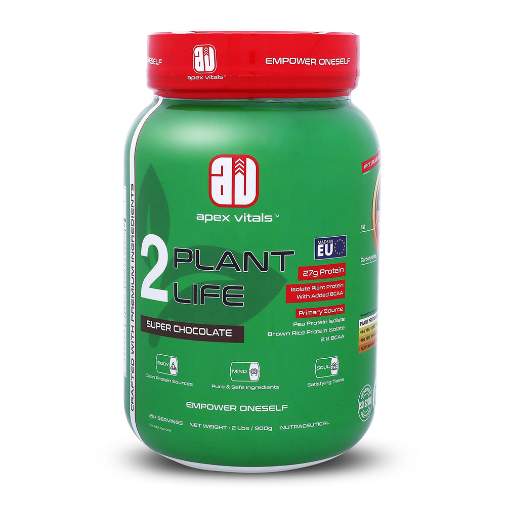 Apex Vitals 2 Plant Life - Natural Vegan Plant Protein Powder | Pea & Brown Rice Isolate|27g Protein, 2000mg BCAA| Easy to Digest |FDA, EFSA & FSSAI Certified |Vegan| Super Chocolate - 2lbs, Shaker, Samples