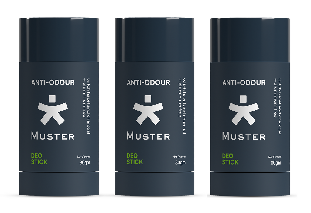 Muster Anti-Odour Deo Stick for Men | Aluminium-Free | Natural Charcoal & Witch Hazel | 80 gm | Long-Lasting Freshness (Pack of 3)