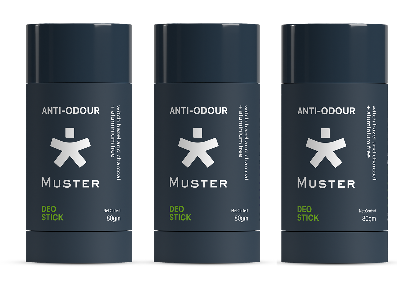 Muster Anti-Odour Deo Stick for Men | Aluminium-Free | Natural Charcoal & Witch Hazel | 80 gm | Long-Lasting Freshness (Pack of 3)