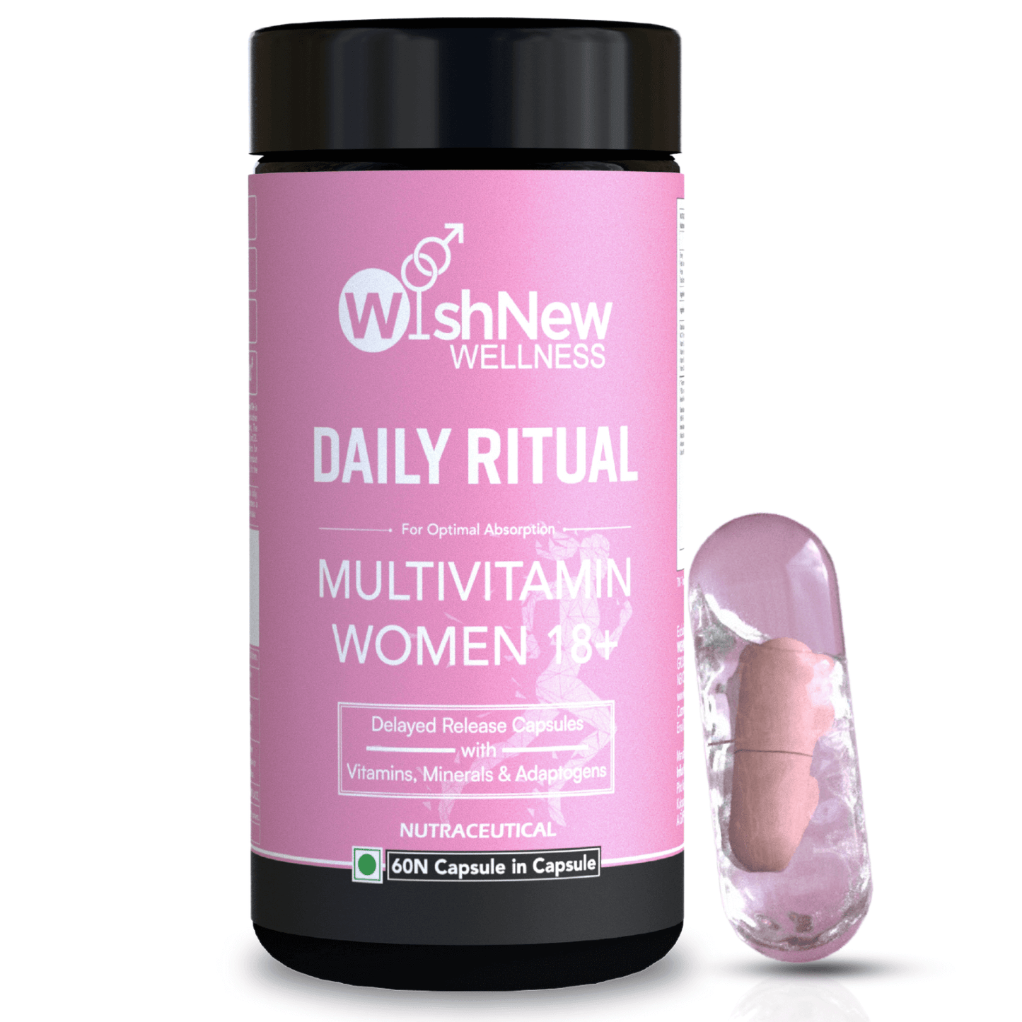 WishNew Wellness Daily Ritual Women's Multivitamin 18+ | Complete 36-Nutrient Formula for Optimal Health & Vitality | Supports PMS, UTI Care | 60 Non-GMO Delayed Release Capsules for Your Wellbeing