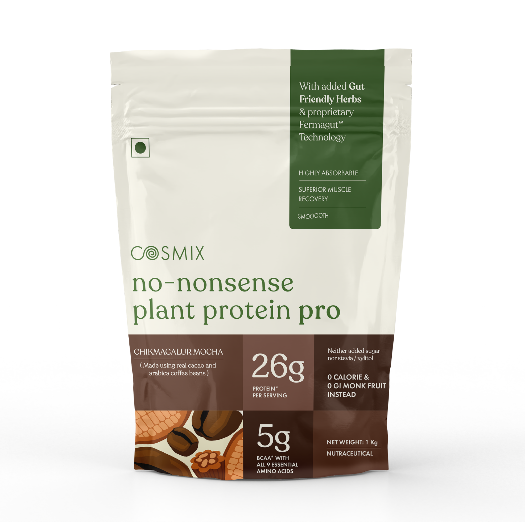 Cosmix No-Nonsense Plant Protein Pro | 26g Protein/Serve | Chikmagalur Mocha | Yeast Powered Plant-Based Protein | PDCAAS of 1 | Light On Gut, Superior Muscle Recovery - 1kg
