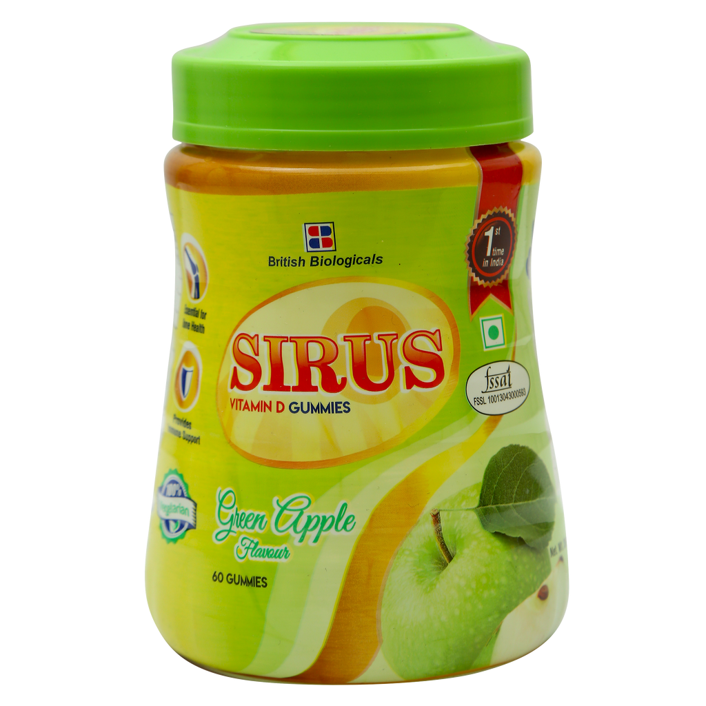 Sirus Vitamin D3-60 Gummies for Women & Men - Supports Immunity, Bones, Teeth, Brain and Nervous System - Gluten Free - Green Apple Flavor - British Biologicals