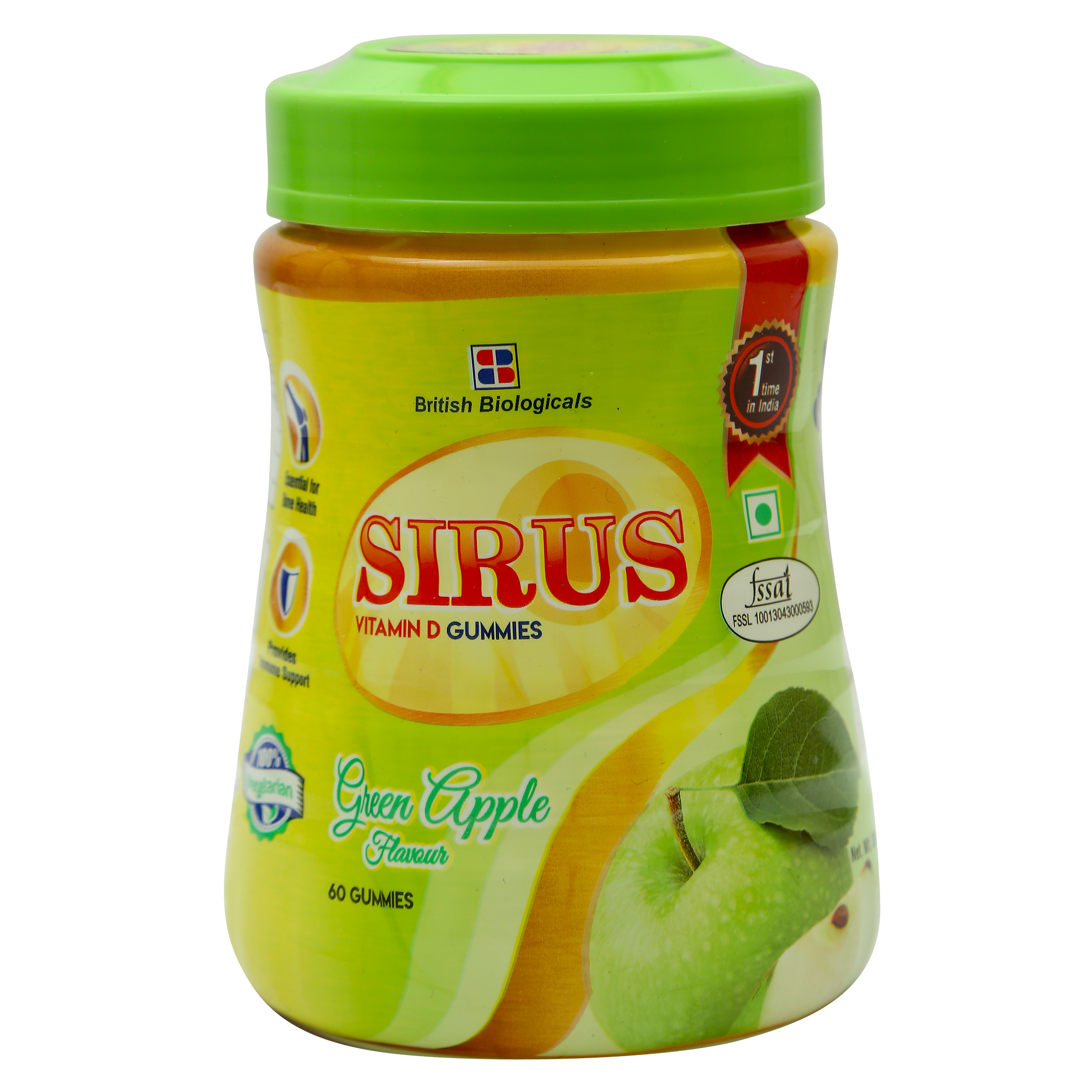 Sirus Vitamin D3-60 Gummies for Women & Men - Supports Immunity, Bones, Teeth, Brain and Nervous System - Gluten Free - Green Apple Flavor - British Biologicals