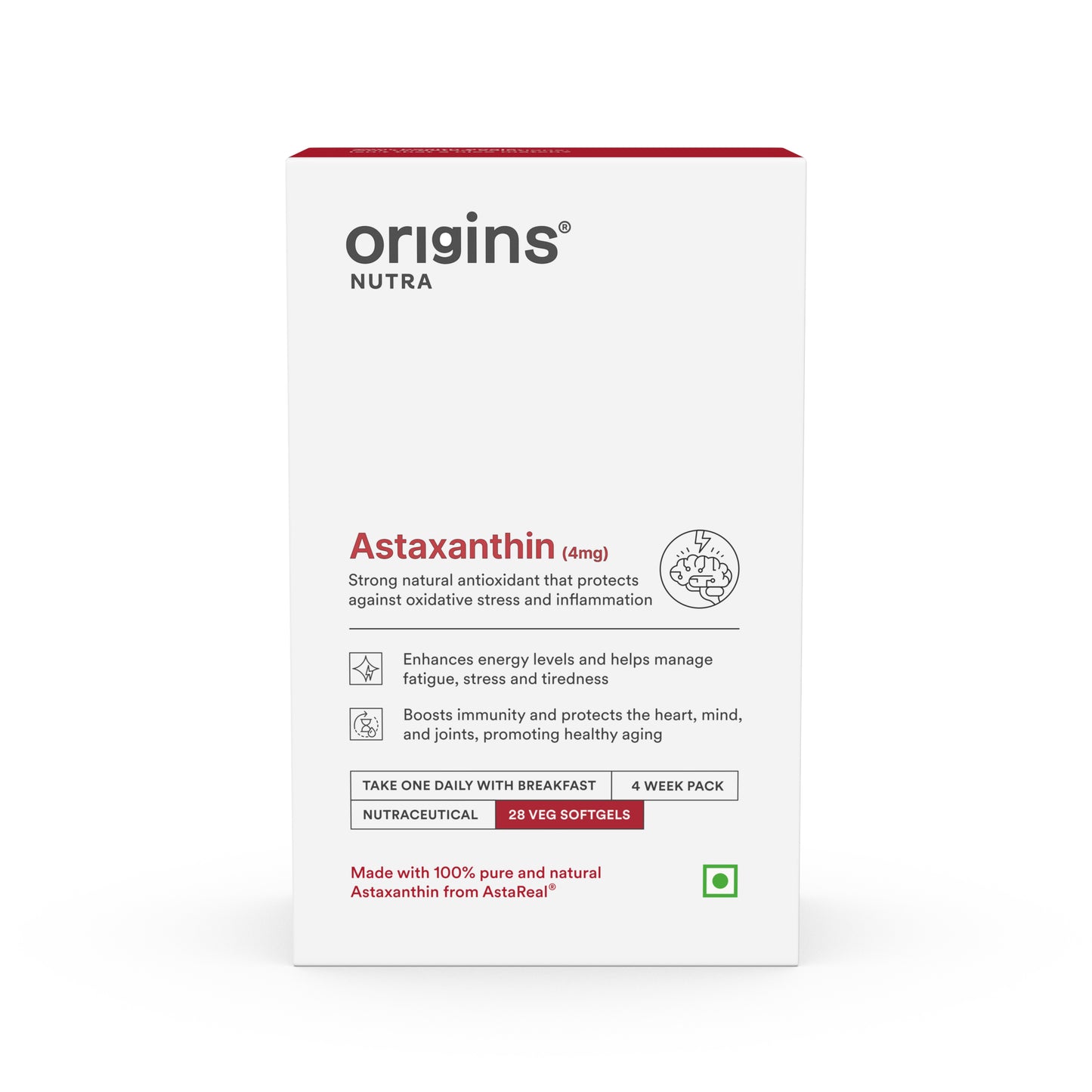 Origins Nutra Astaxanthin | Super Antioxidant, UV Protection, Heart, Skin & Eye Health, Joint Support | AstaReal® | GMP Certified| Non-GMO | For Men & Women| 28 Veg Softgel | Pack of 2
