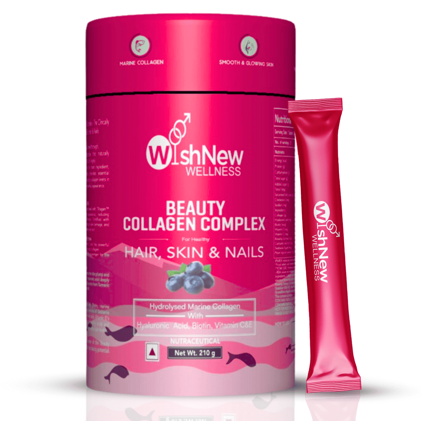 WishNew Wellness BEAUTY COLLAGEN COMPLEX | Radiant Hair, Skin & Nails | 21 Sachets with Collagen, Hyaluronic Acid, Biotin, Vitamins E & C, Rosehip & Curcumin Extracts | Enhanced Absorption Formula | Blueberry
