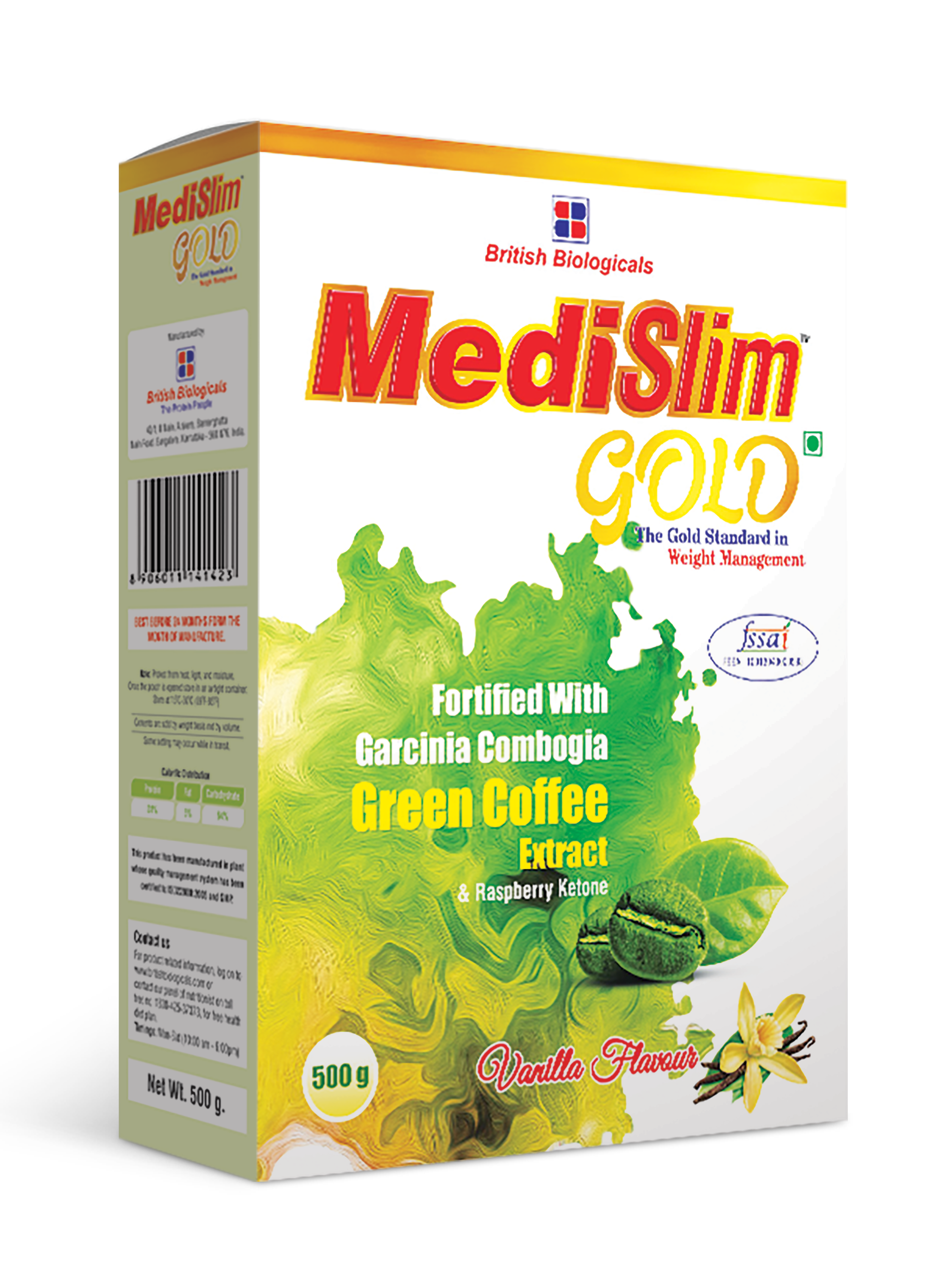 Medislim Gold Meal Replacement Shake For Weight Management - 500 GM - Sugar-free, Cholesterol-free, Zero Trans-fat, Gluten-free Drink with (Goodness of Garcinia Cambogia, Raspberry, Ketone) - BRITISH BIOLOGICALS.