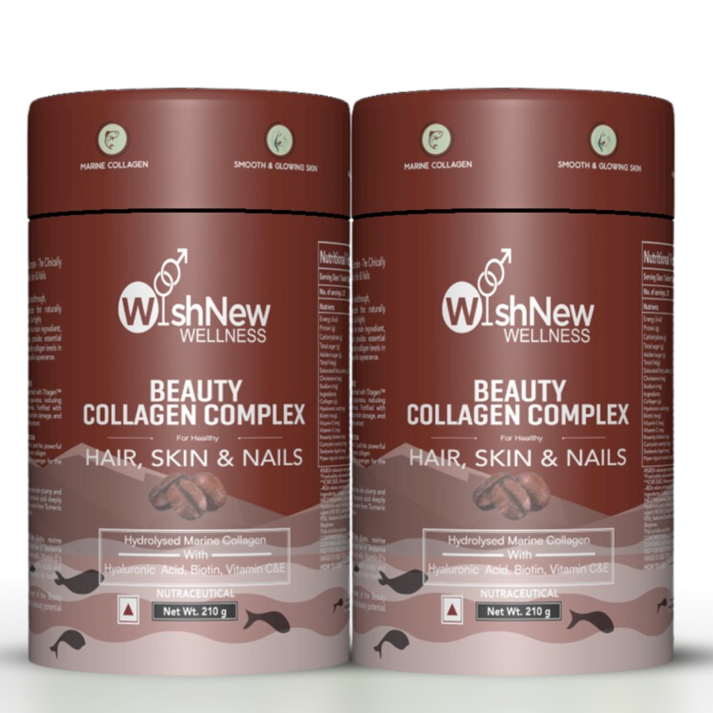 WishNew Wellness BEAUTY COLLAGEN COMPLEX | Radiant Skin, Lustrous Hair & Strong Nails | 21 Sachets with Collagen, Hyaluronic Acid, Biotin | Coffee Flavor | Natural Ingredients for Beauty Boost Pack of 2