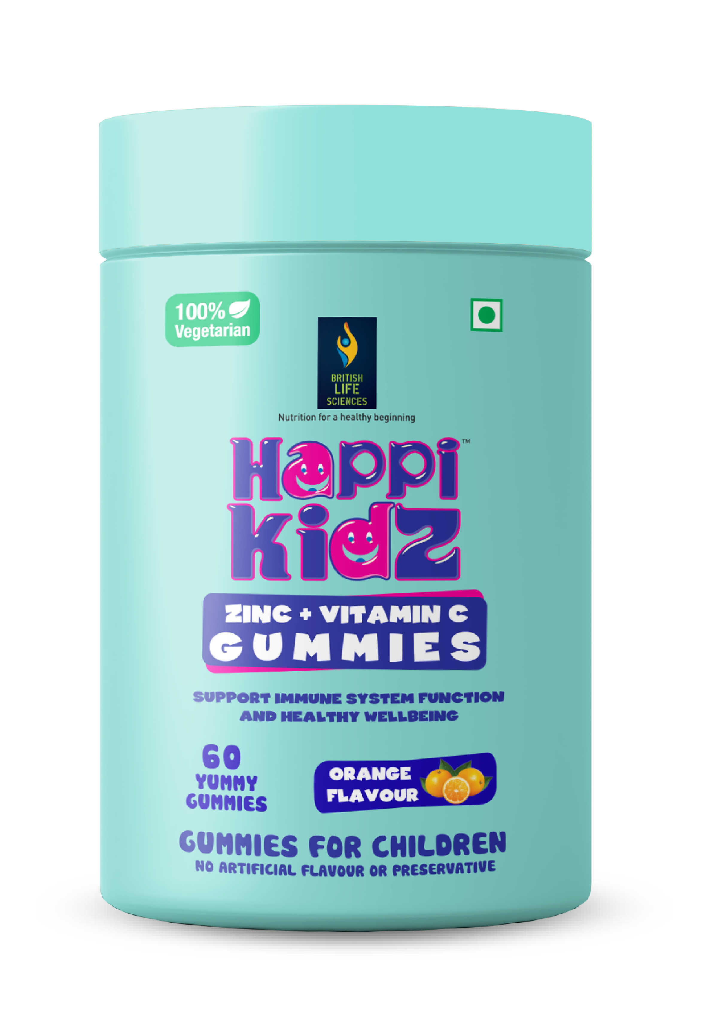 Happi Kidz - Zinc + Vitamin C Gummies For Kids - (60 Gummy Bears) - Immune Support | Orange Flavor | Non-GMO | Gluten-Free | Vegan | No Artificial Colors | Daily Supplement for Children - British Lifesciences