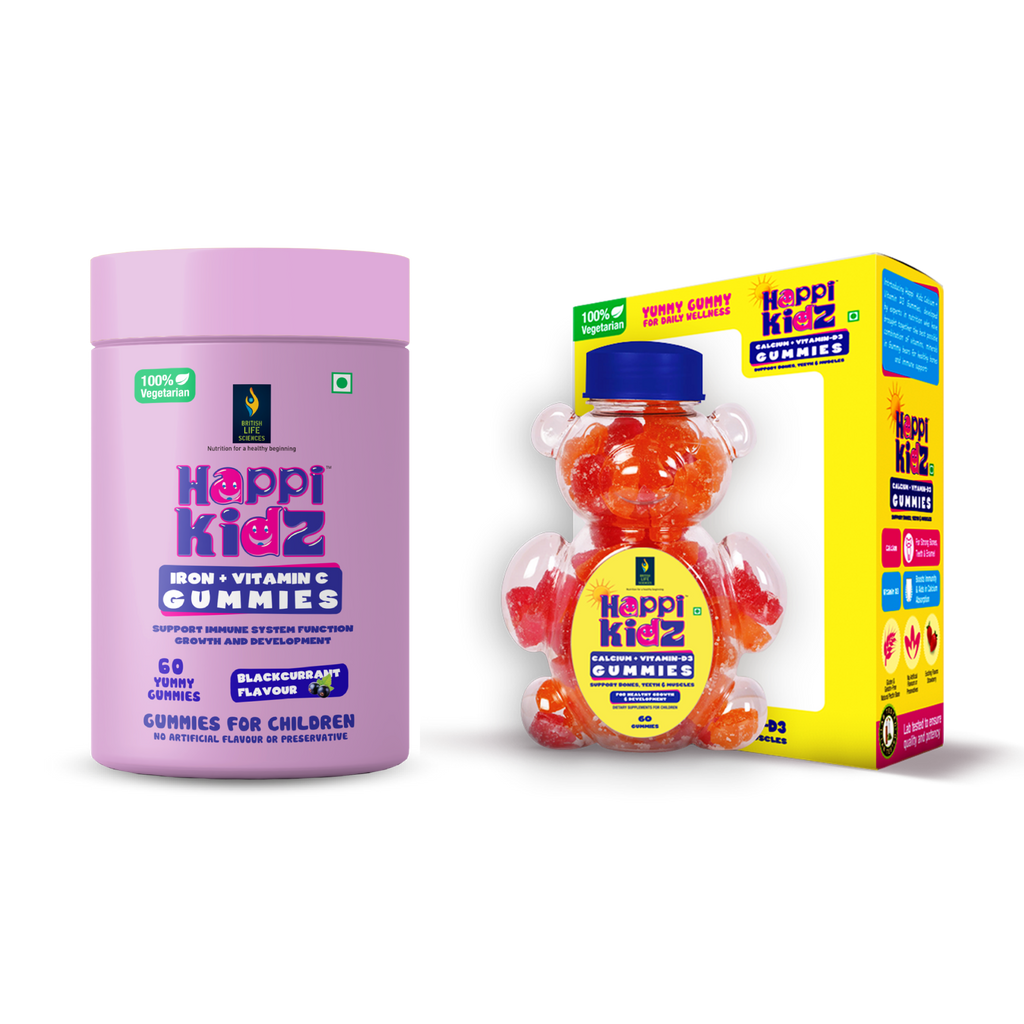 British Life Sciences Happi Kidz Calcium+Vitamin D3 Gummies & Happi Kidx Iron+Vitamin C Gummies Combo | Natural, Strong Bones, Muscles and Teeth, Boosts Immunity