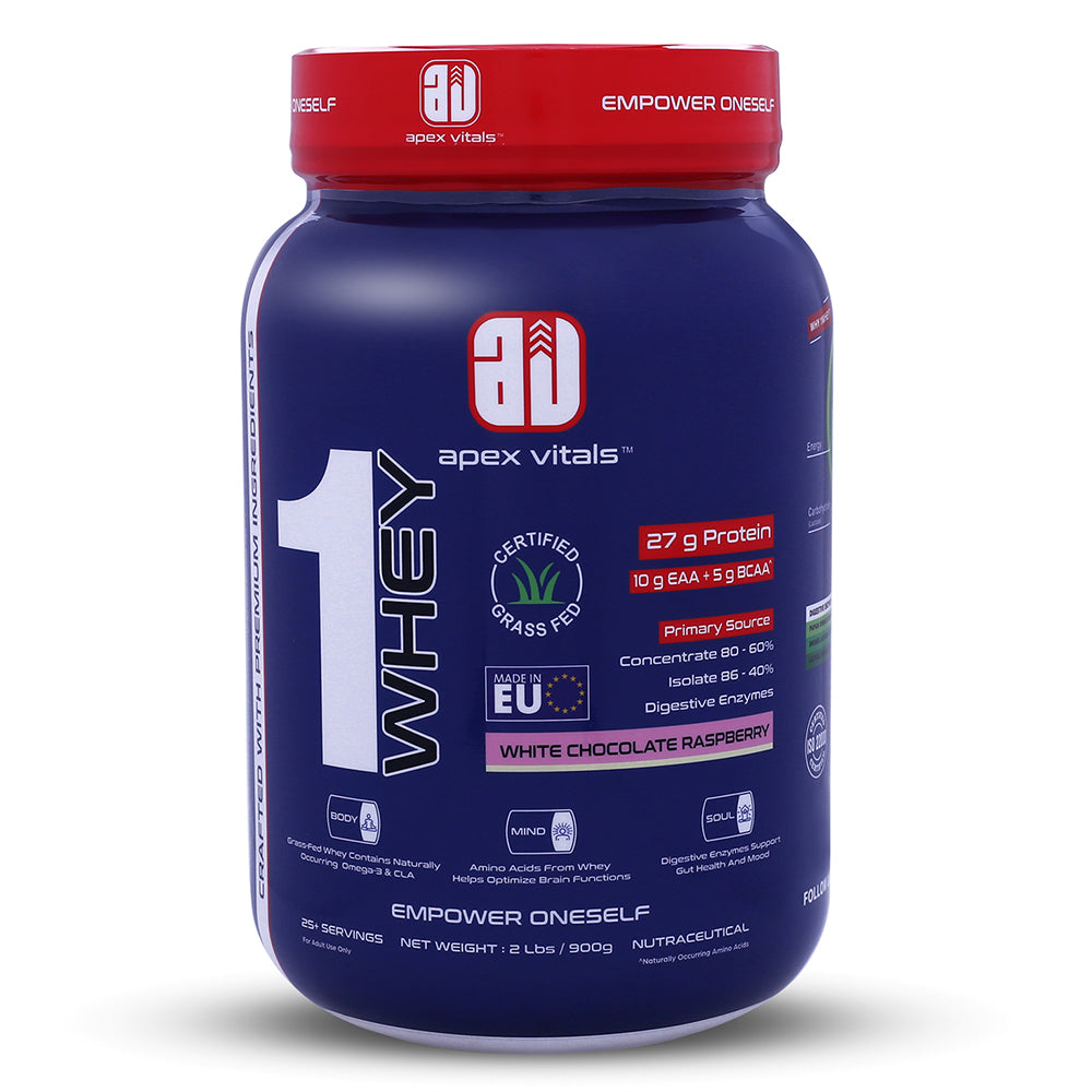 Apex Vitals 1 Whey|Grass-Fed Whey|Made In Europe|FDA,EFSA & FSSAI Certified|27g Protein,10g EAA+ 5gBCAA|Concentrate 80-60%,Isolate 86-40%,Digestive Enzymes|2lbs (900g)25+ Ser-White Chocolate Raspberry