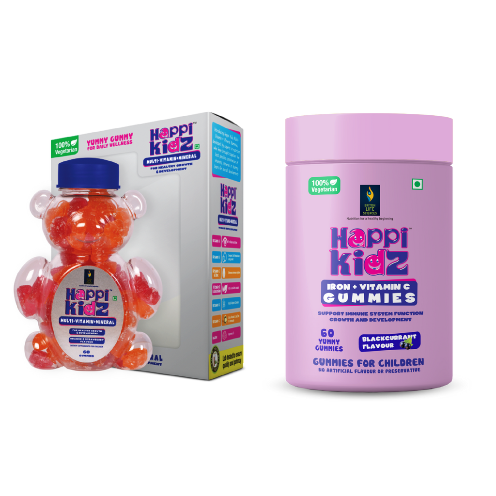 British Life Sciences Happi Kidz Multivitamin + Minerals Gummies & Happi Kidz Iron+Vitamin C Gummies Combo | Natural, Strong Bones, Muscles and Teeth, Boosts Immunity