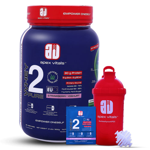 Apex Vitals Whey 2 Pure - Grass-Fed Whey Made in EU | Whey Isolate & Hydrolyzed | 30g Protein, 15g EAA, 8g BCAA | Digestive Enzymes | Muscle Build & Recovery |Strawberry Yogurt - 900g 2lbs, Shakers, Samples