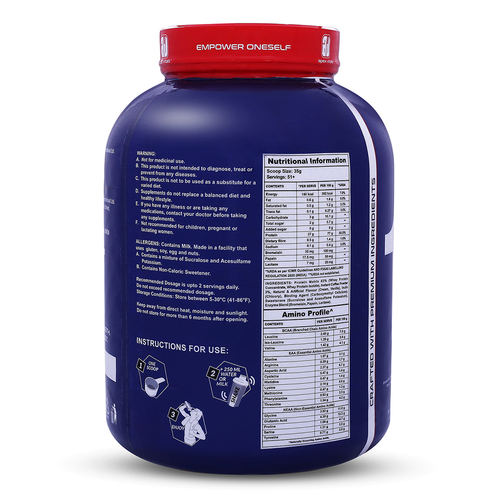 Apex Vitals 1 Whey - Grass-Fed Whey | 27g Protein, 10g EAA + 5g BCAA | Concentrate 80-60%, Isolate 86-40%, Digestive Enzymes | FDA, EFSA & FSSAI Certified|White Chocolate Raspberry - 4lbs