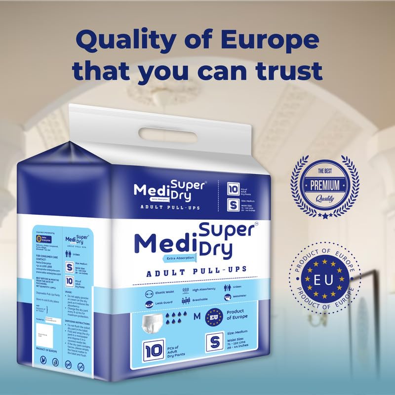 Medisuperdry Adult Diaper Pants | Small (S) |Waist 51-81 cm (20-32 inches) |High Absorbency -10 Hrs |Rash-Free |Leakproof |Breathable |Odourless |Elastic Waist |For Men & Women | 100 Units, Pack of 10