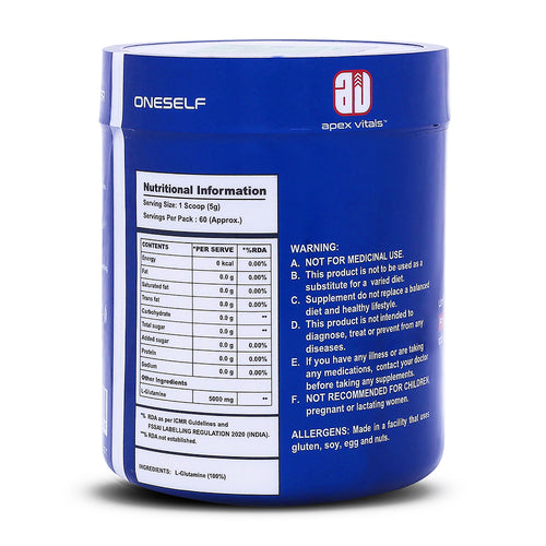 Apex Vitals Gluta Pure L Glutamine 300 G - 60 Ser | German made | Pharma Grade | Made In Europe | FDA, EFSA & FSSAI Certified | Fermented & 100% Micronized | No Chemical Processing & Vegetarian Source