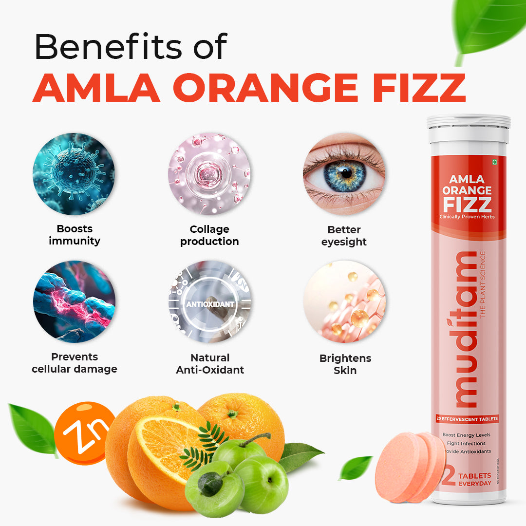 Muditam Ayurveda Amla Orange Fizz Tablet | Vitamin C Effervescent tablets for Skin, Hairs & Eyes | Amla Orange Extract 40 Effervescent Tablets | Immunity Booster | Antioxidant Builder