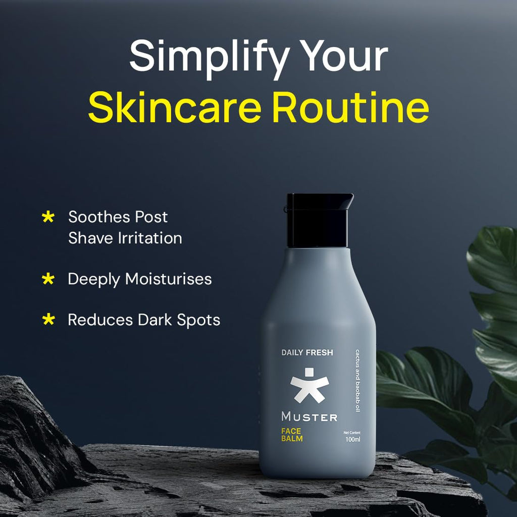 Muster Daily Fresh Face Balm for Men | 100 ML | After Shave | Reduces Dark Spots | Hydrates & Soothes | Cactus & Baobab Oil | Antioxidant-Rich