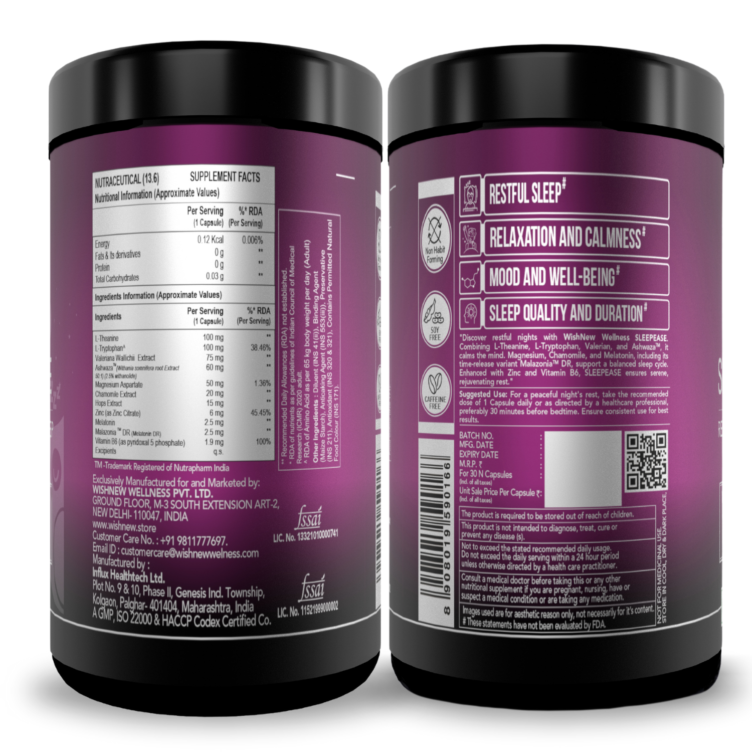 WishNew Wellness SLEEPEASE | 30 Veg Capsules | Advanced Sleep Formula | L-Theanine, Melatonin, Valerian, Ashwagandha | Deep Restful Sleep | Non-Habit Forming | 100% Vegetarian | Enhanced Relaxation