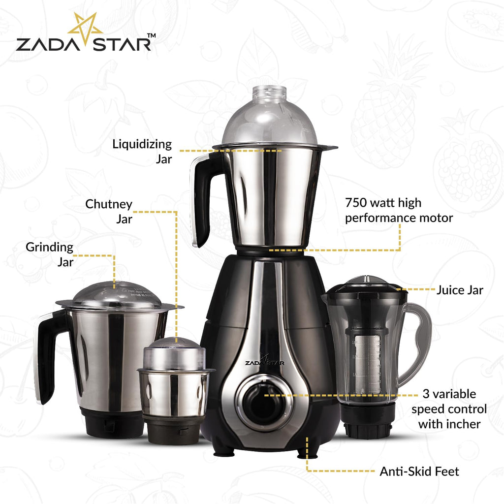 ZADASTAR ZS EXOTIC 750W Juicer Mixer Grinder | 4 Jars | Black and Silver | Overload Protection | 1 Year Replacement Warranty